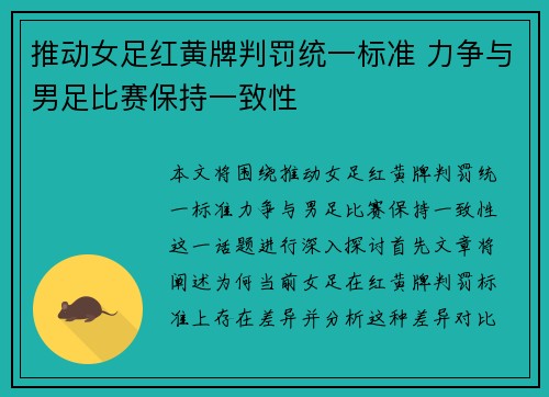 推动女足红黄牌判罚统一标准 力争与男足比赛保持一致性