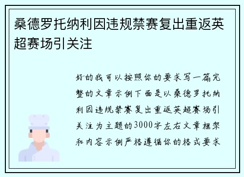 桑德罗托纳利因违规禁赛复出重返英超赛场引关注 桑德罗托纳利因违规禁赛复出重返英超赛场引关注