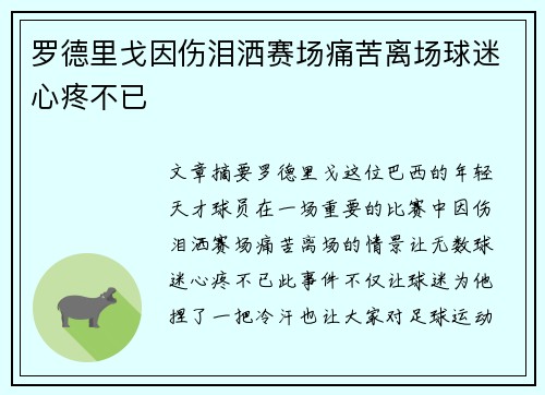 罗德里戈因伤泪洒赛场痛苦离场球迷心疼不已 罗德里戈因伤泪洒赛场痛苦离场球迷心疼不已