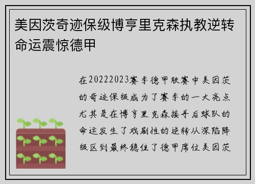 美因茨奇迹保级博亨里克森执教逆转命运震惊德甲 美因茨奇迹保级博亨里克森执教逆转命运震惊德甲